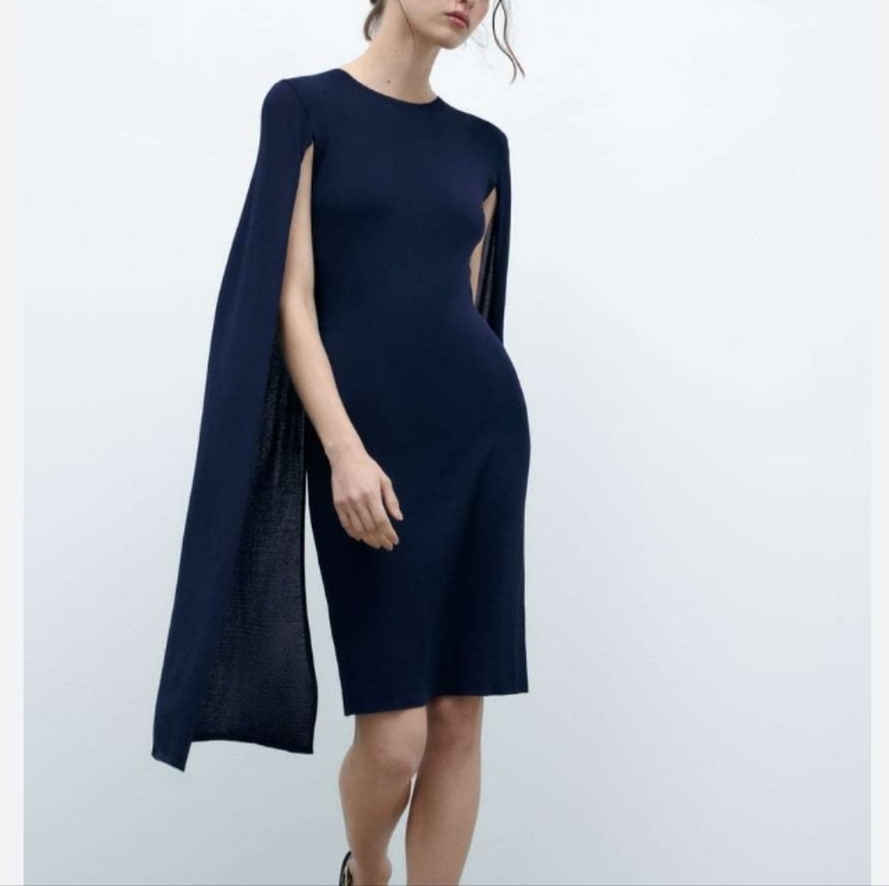 Zara Knit Dress With Long Cape Sleeves Sz-M